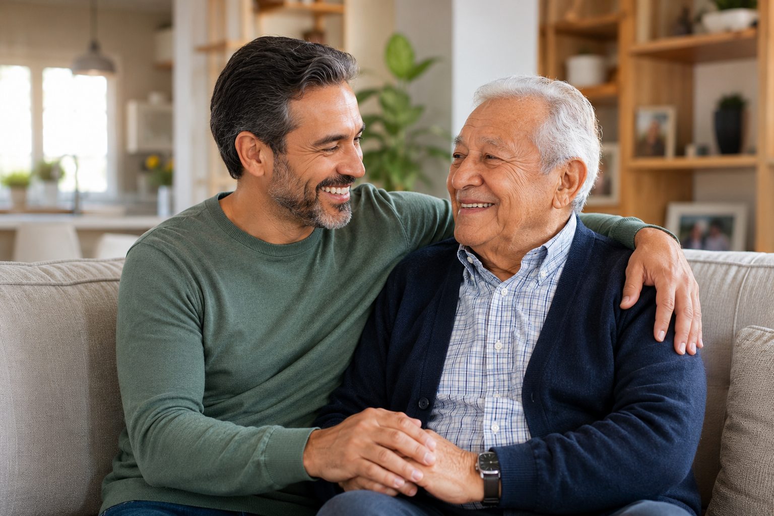 An older adult and a family caregiver sitting together at home